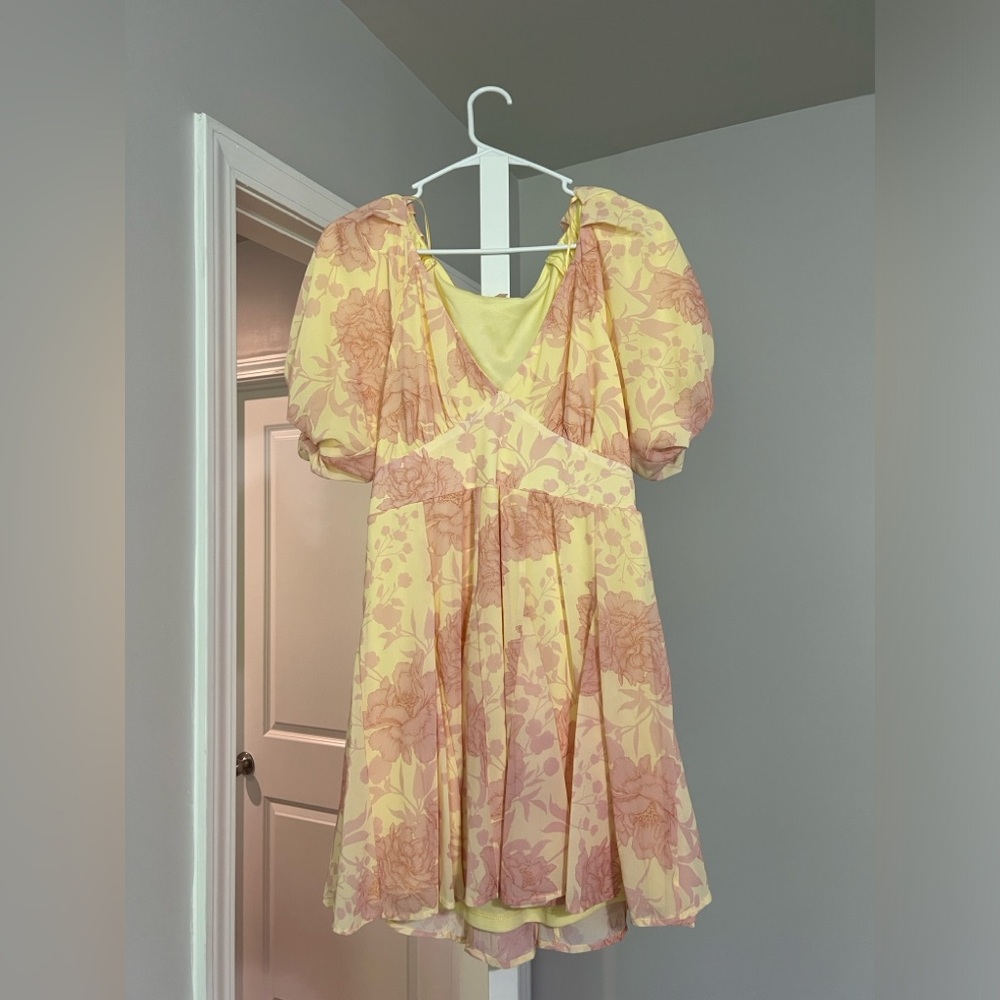 Women’s tea party dress, yellow dress with coral floral, women’s formal dress
